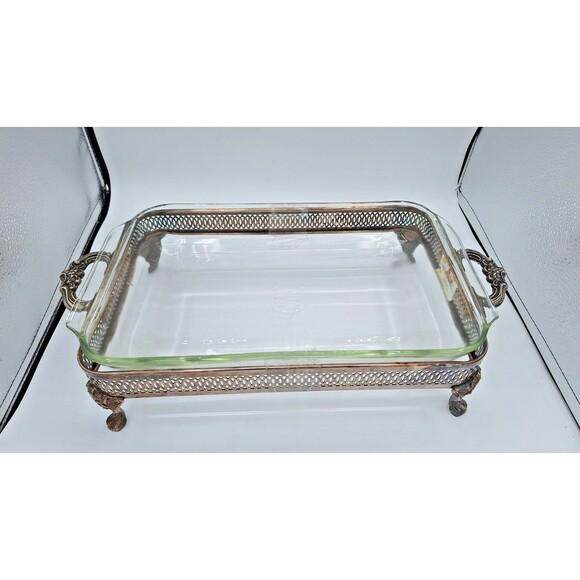 Vtg Anchor Hocking Fire King Glass Casserole Dish with Silver plated Tray 9x13in - Picture 6 of 12